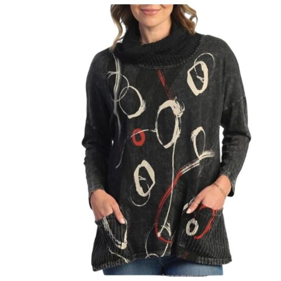 Jess & Jane Abstract Top Plus Size 1X Gray Cowl Neck Tunic Tee Pockets Turtlenec - Picture 1 of 10
